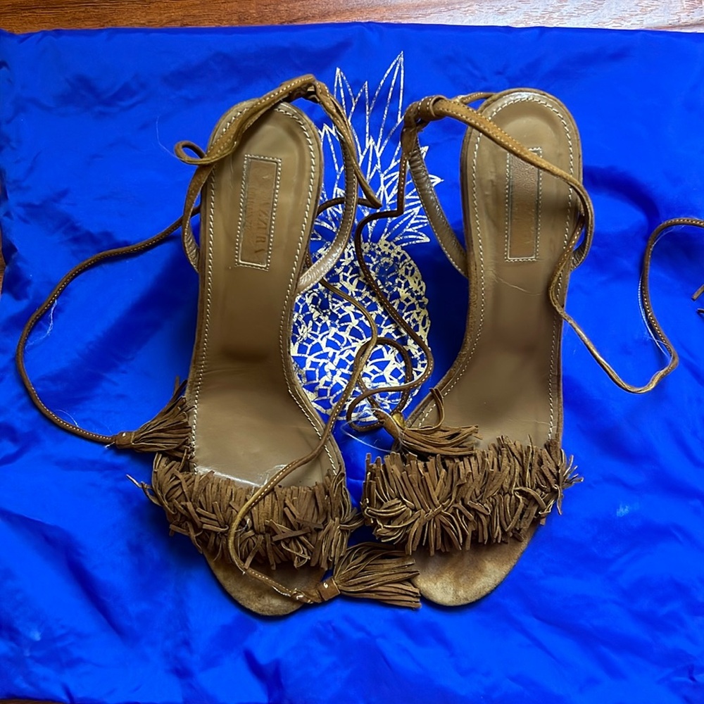 Aquazzura Wild Thing Suede Fringe Sandals Cognac / Tan 38